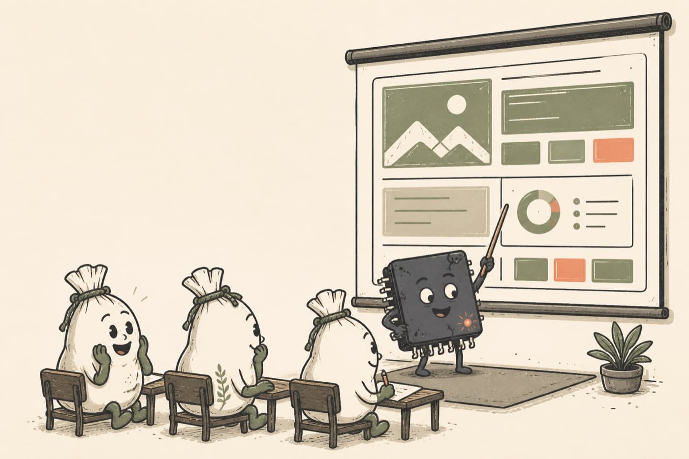 Silicon presents a finished page to three attentive meat sacks.